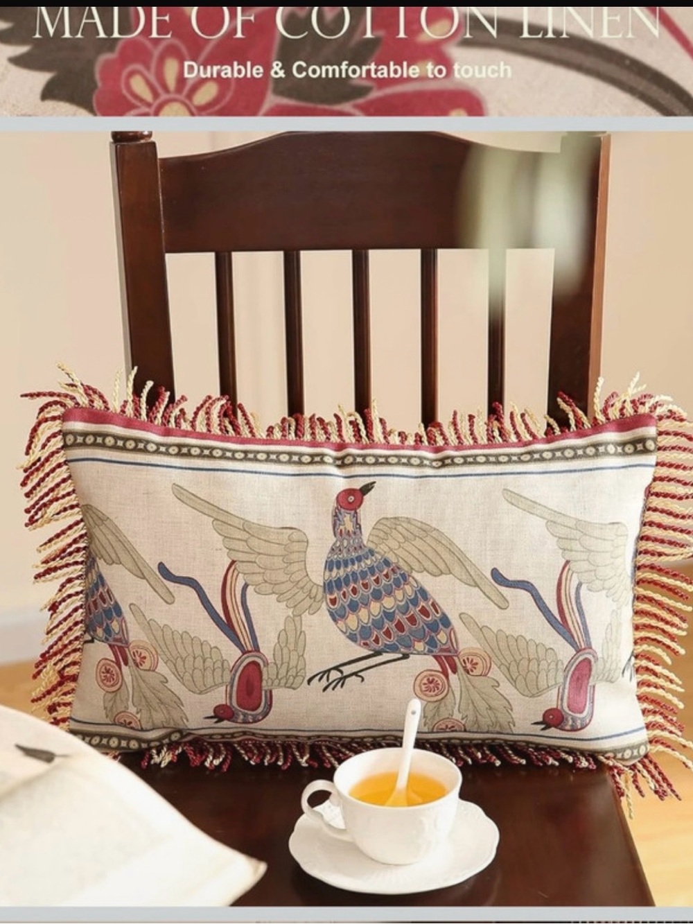 Embroidered Bird Fringe Decorative Pillow Cover - Beige, Red, Blue